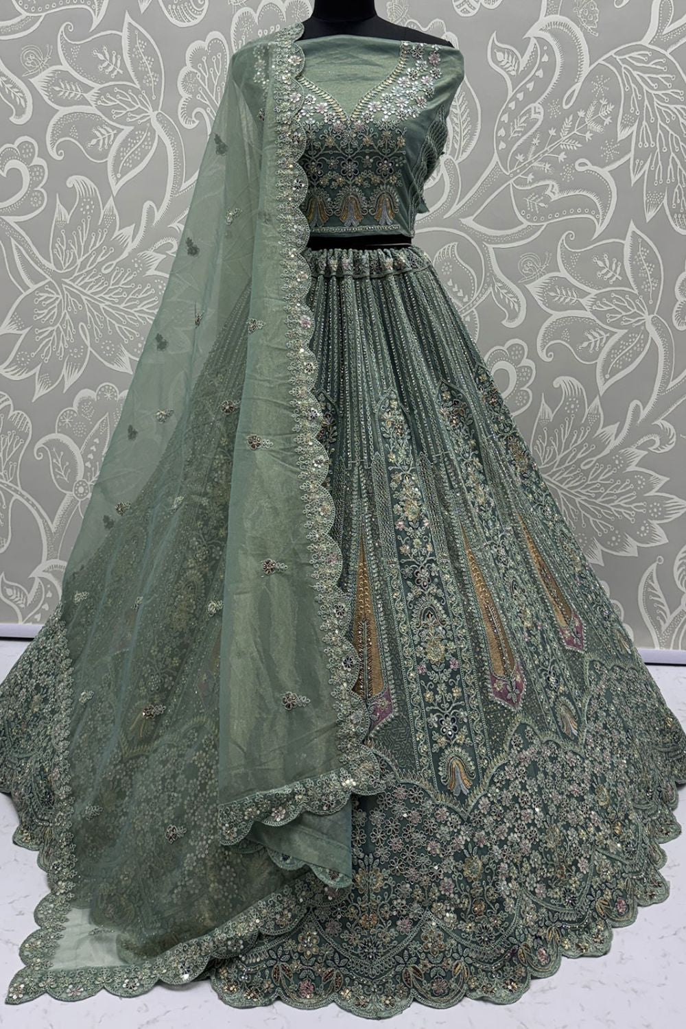 Green Net Lehenga Choli - SFANJ3214