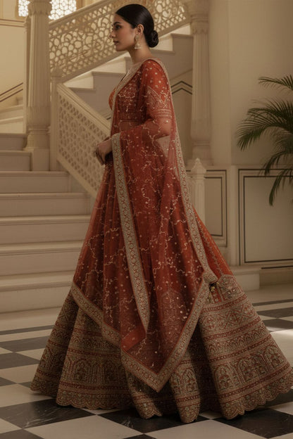 Orange Silk Lehenga Choli - SFANJ3224