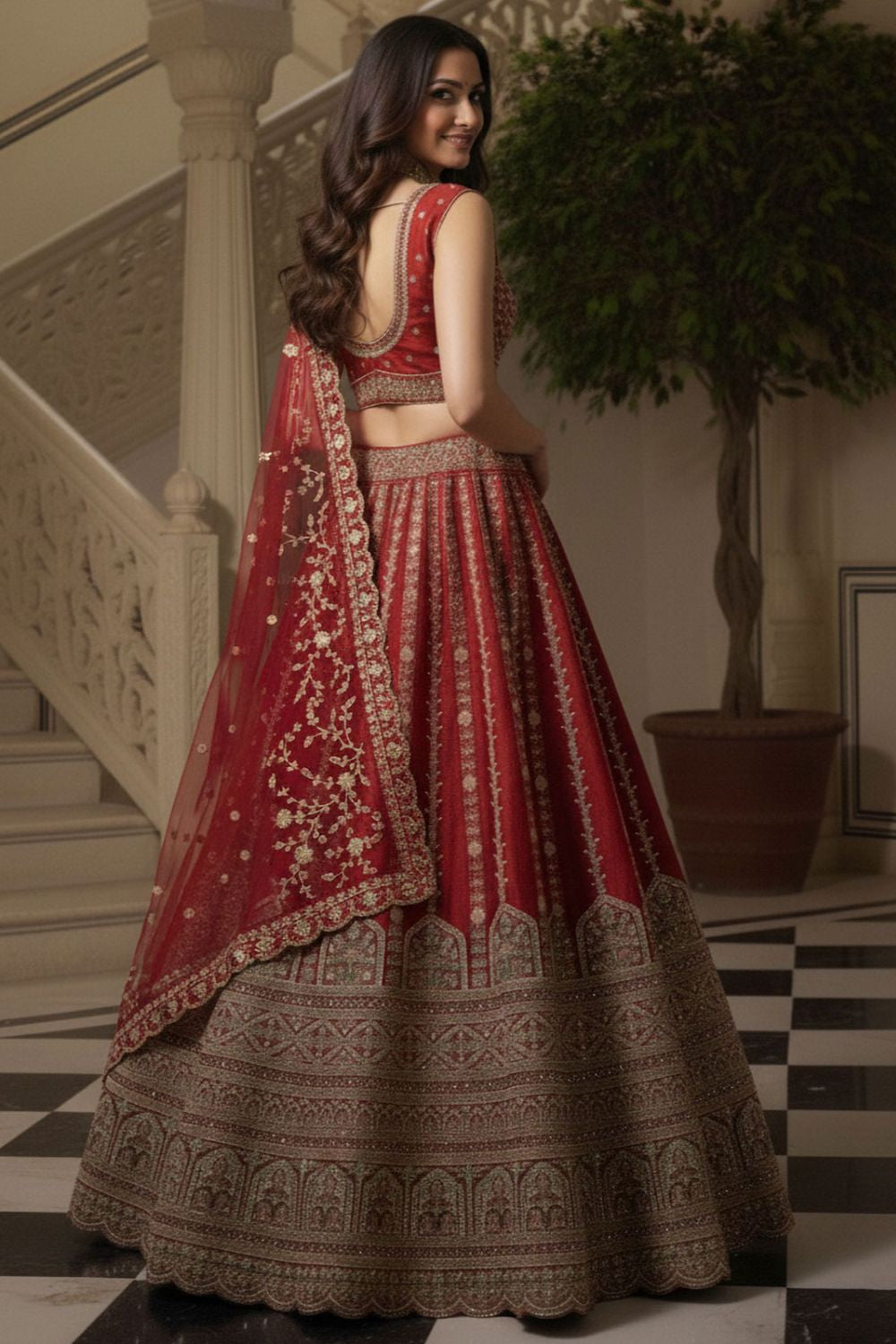 Red Silk Lehenga Choli - SFANJ3225