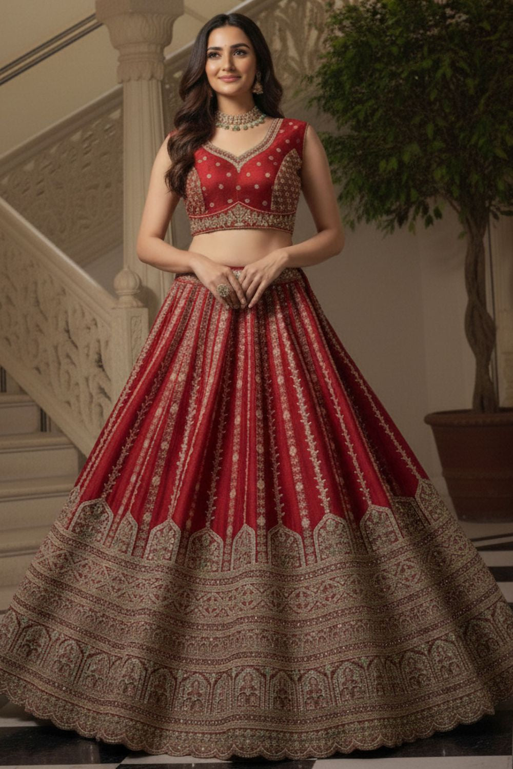 Red Silk Lehenga Choli - SFANJ3225