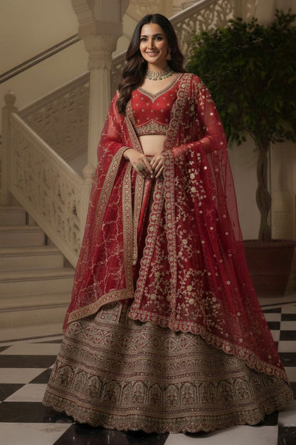 Red Silk Lehenga Choli - SFANJ3225