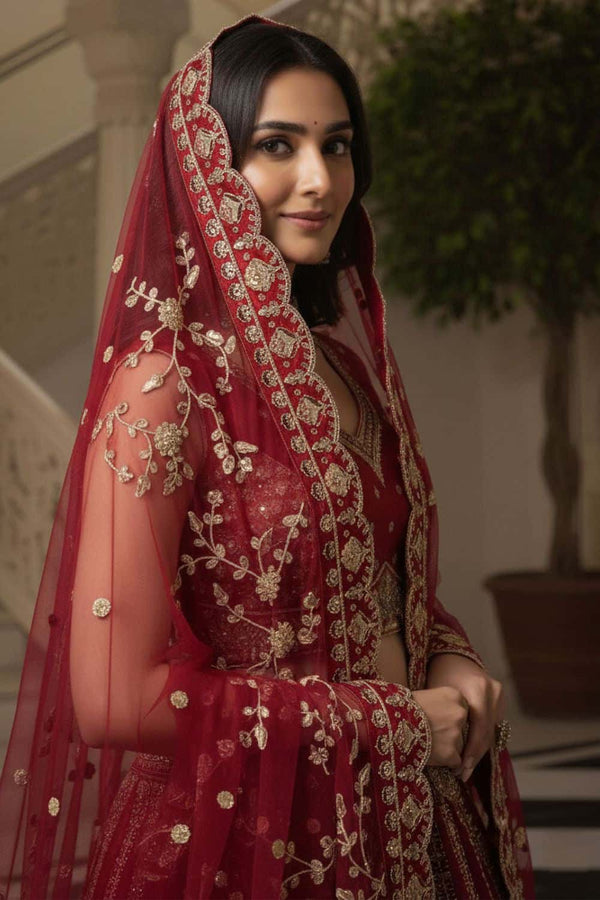 Red Hand Finished Luxury Silk Bridal Lehenga Choli SFANJ3225