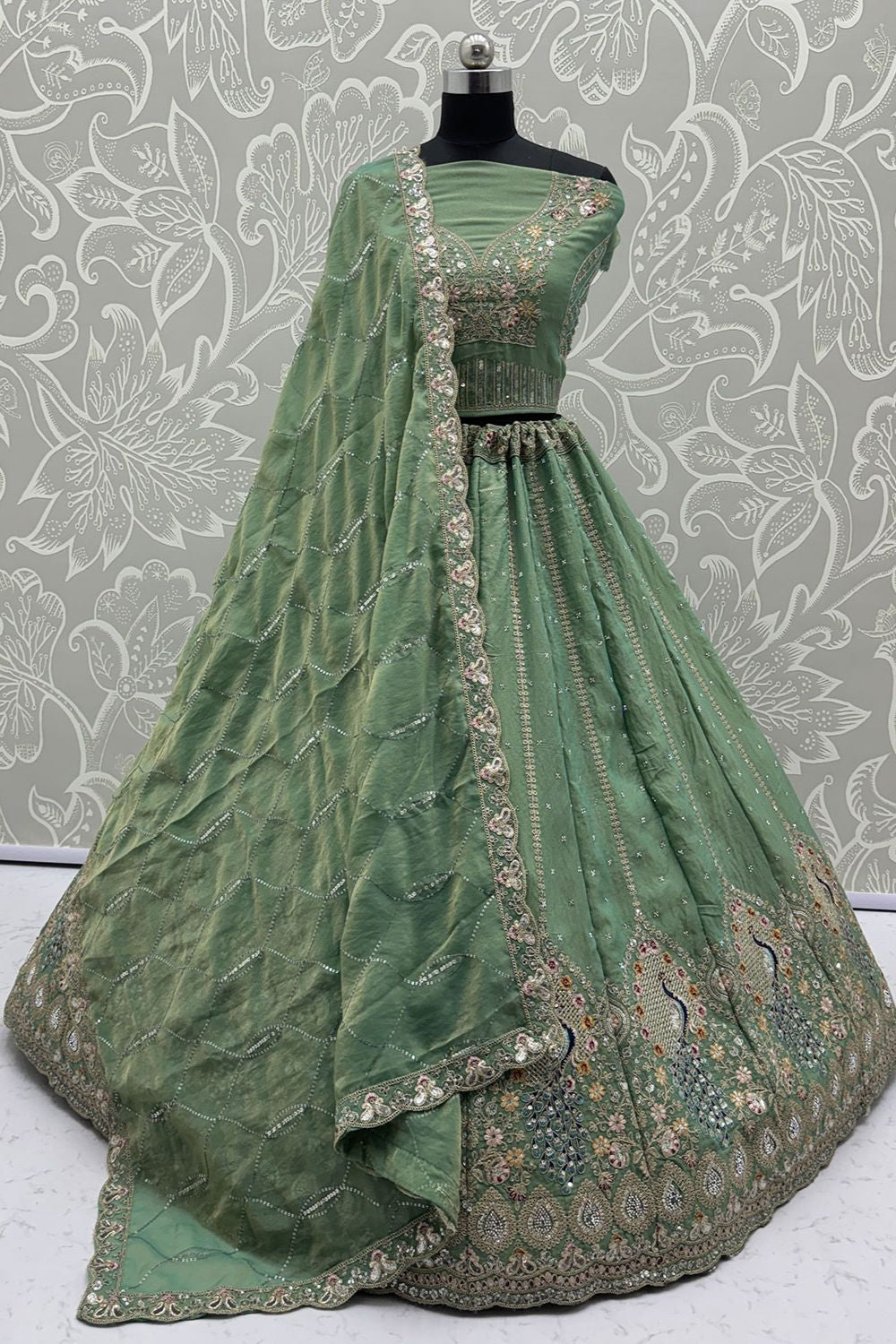 Green Silk Lehenga Choli - SFANJ3197