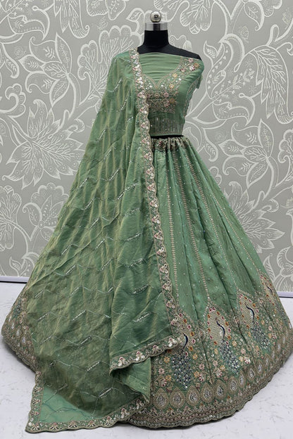 Green Silk Lehenga Choli - SFANJ3197