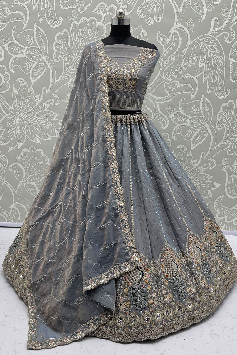 Grey Silk Lehenga Choli - SFANJ3198