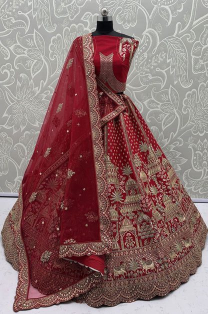 Hand Finished Luxury Red Silk Lehenga Choli SFANJ3229