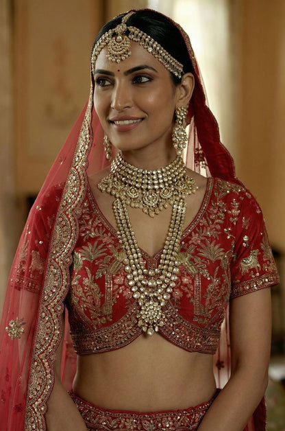 Hand Finished Luxury Red Silk Lehenga Choli SFANJ3229