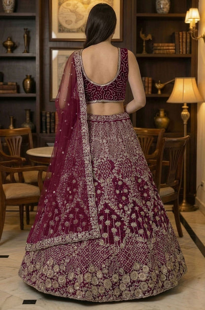 Magenta Net Luminous Wedding Reception Lehenga Choli SFANJ3231