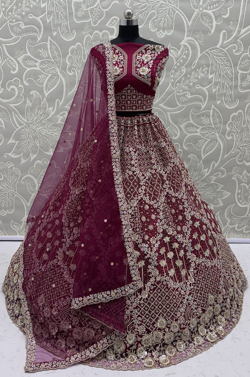 Magenta Net Luminous Wedding Reception Lehenga Choli SFANJ3231