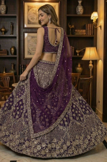 Purple Net Luminous Wedding Reception Lehenga Choli SFANJ3232