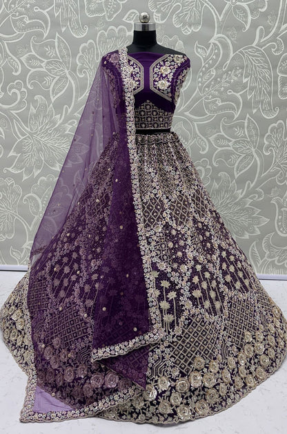 Purple Net Luminous Wedding Reception Lehenga Choli SFANJ3232