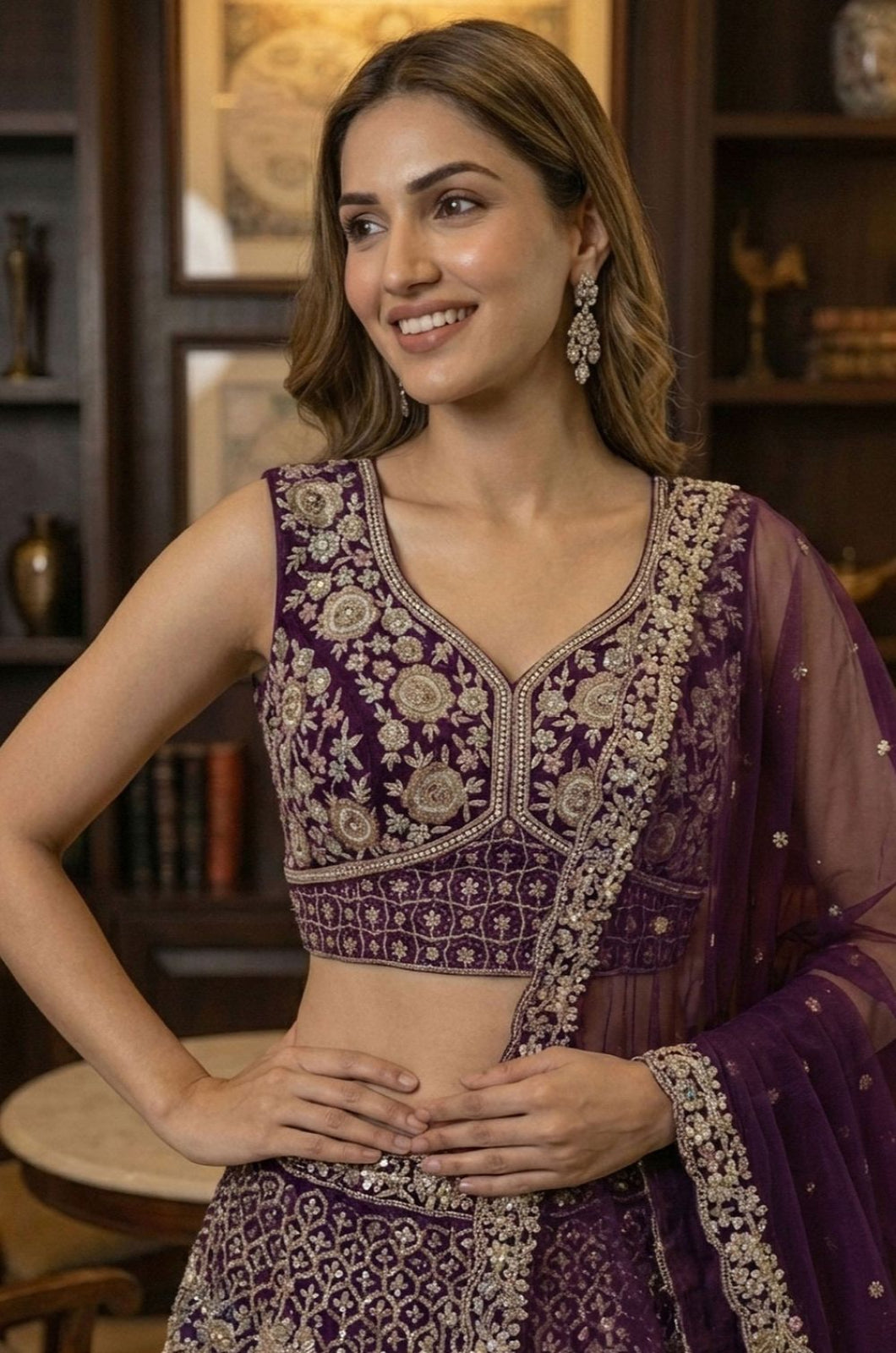 Purple Net Luminous Wedding Reception Lehenga Choli SFANJ3232