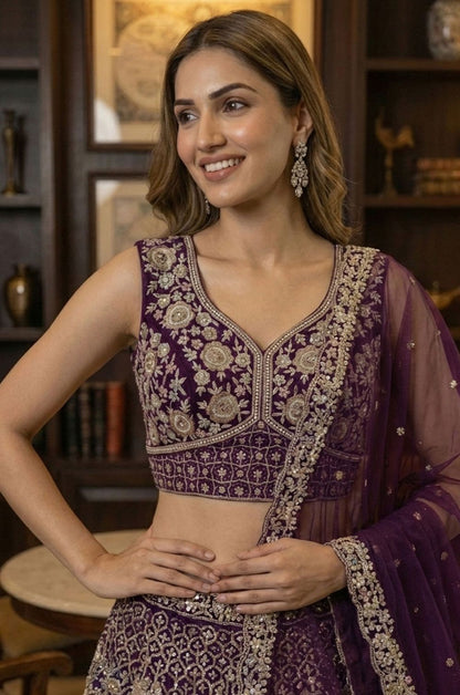 Purple Net Luminous Wedding Reception Lehenga Choli SFANJ3232