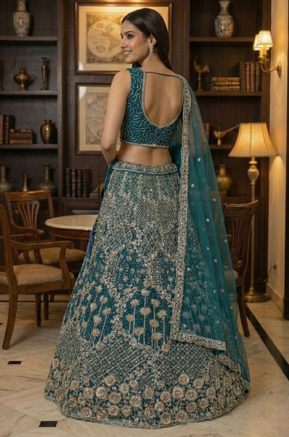 Firozi Net Luminous Wedding Reception Lehenga Choli SFANJ3233
