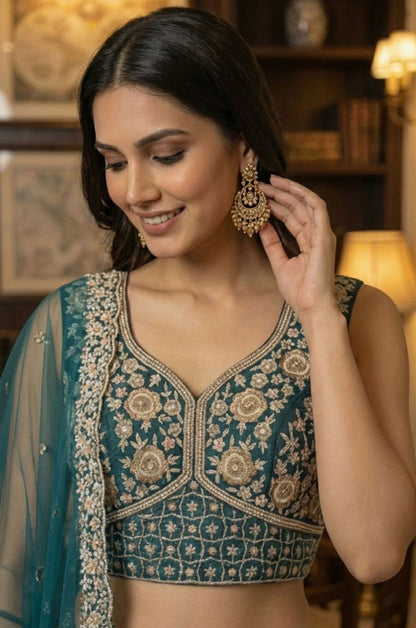 Firozi Net Luminous Wedding Reception Lehenga Choli SFANJ3233