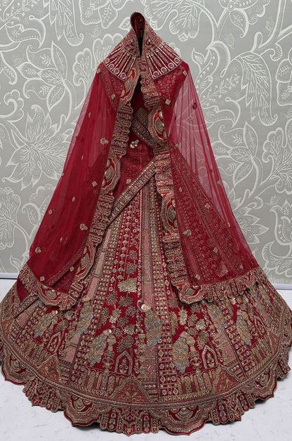 Red Silk Luminous Wedding Reception Lehenga Choli SFANJ3235