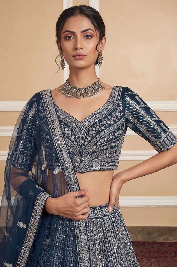 Blue Net Lehenga Choli - SFANJ3251