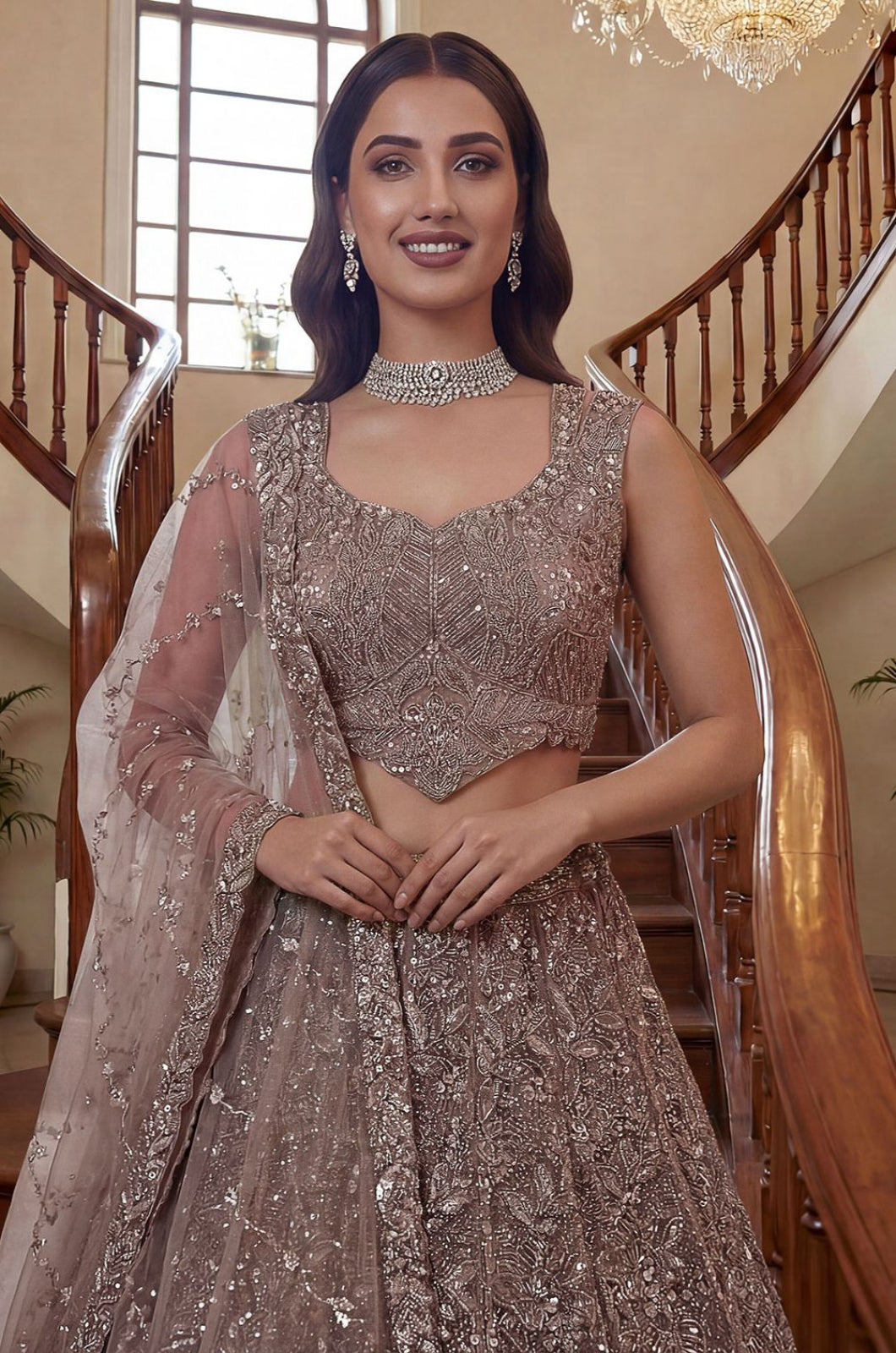 Beige Net Lehenga Choli - SFANJ3280