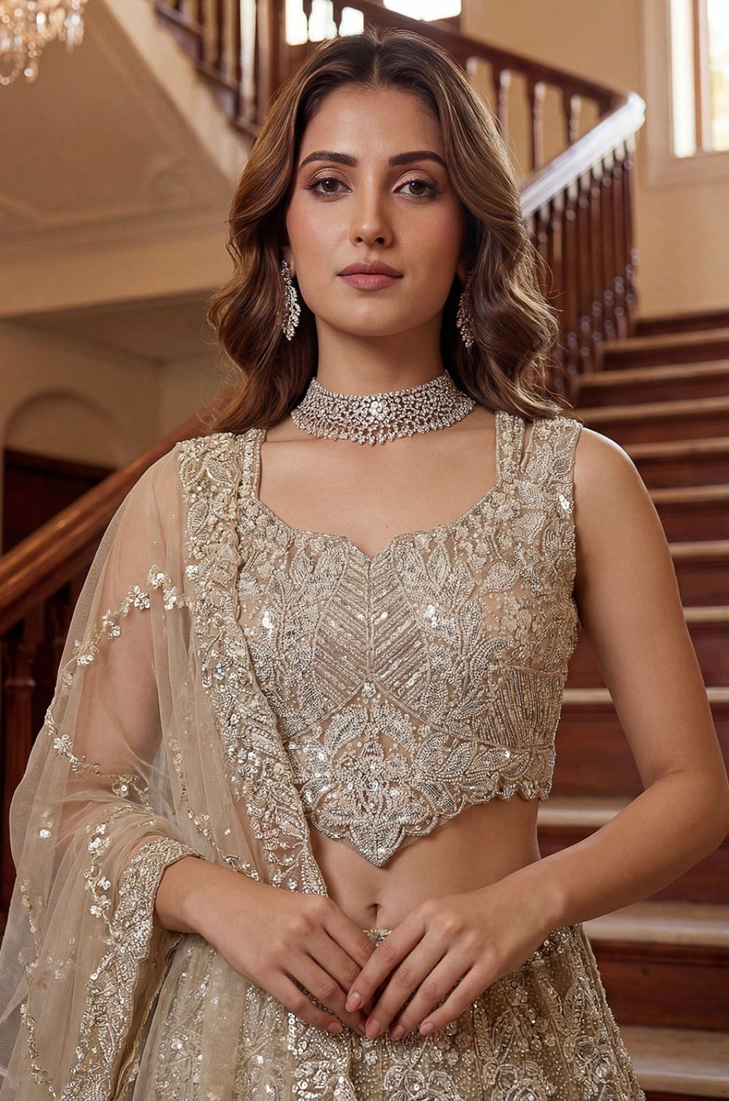Cream Net Lehenga Choli - SFANJ3283