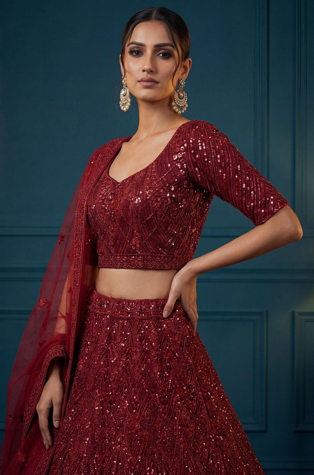 Red Net Lehenga Choli - SFANJ3286