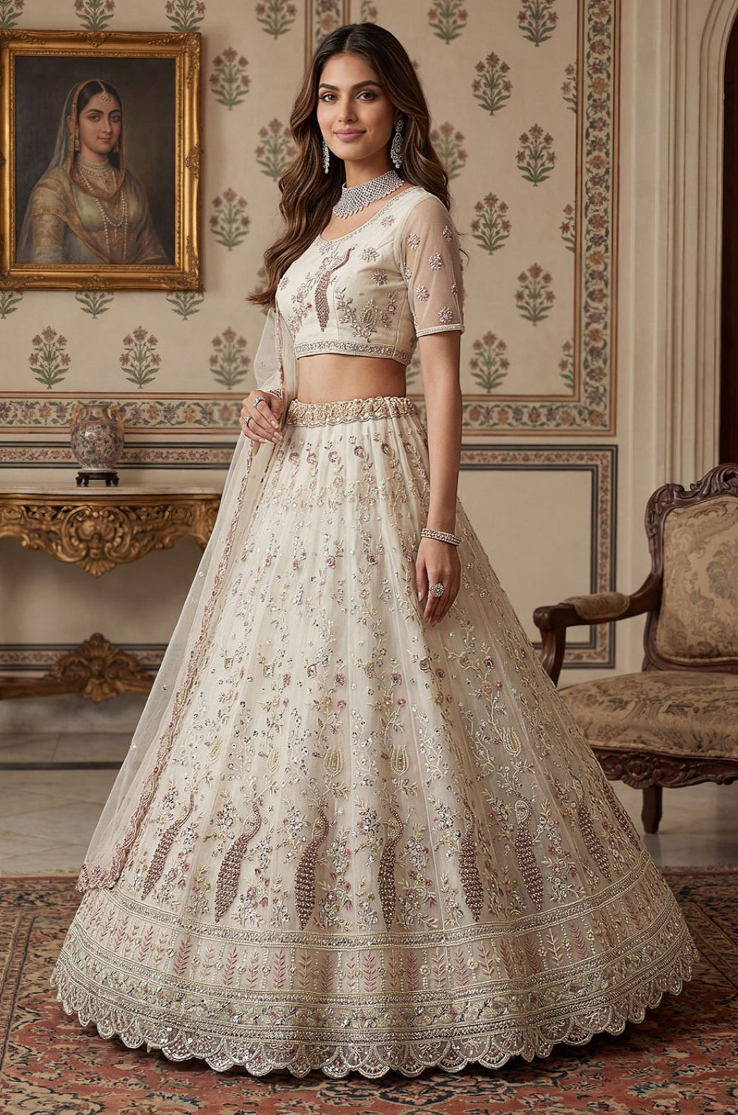 Off White Net Lehenga Choli - SFANJ3269