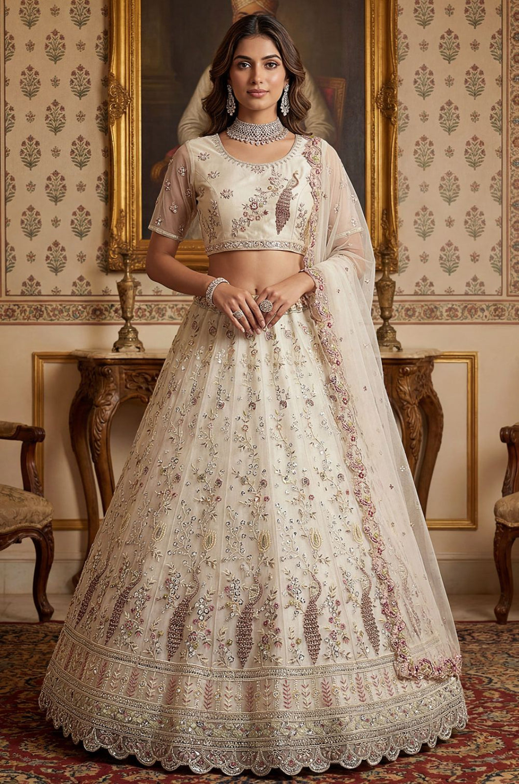 Off White Net Lehenga Choli - SFANJ3269