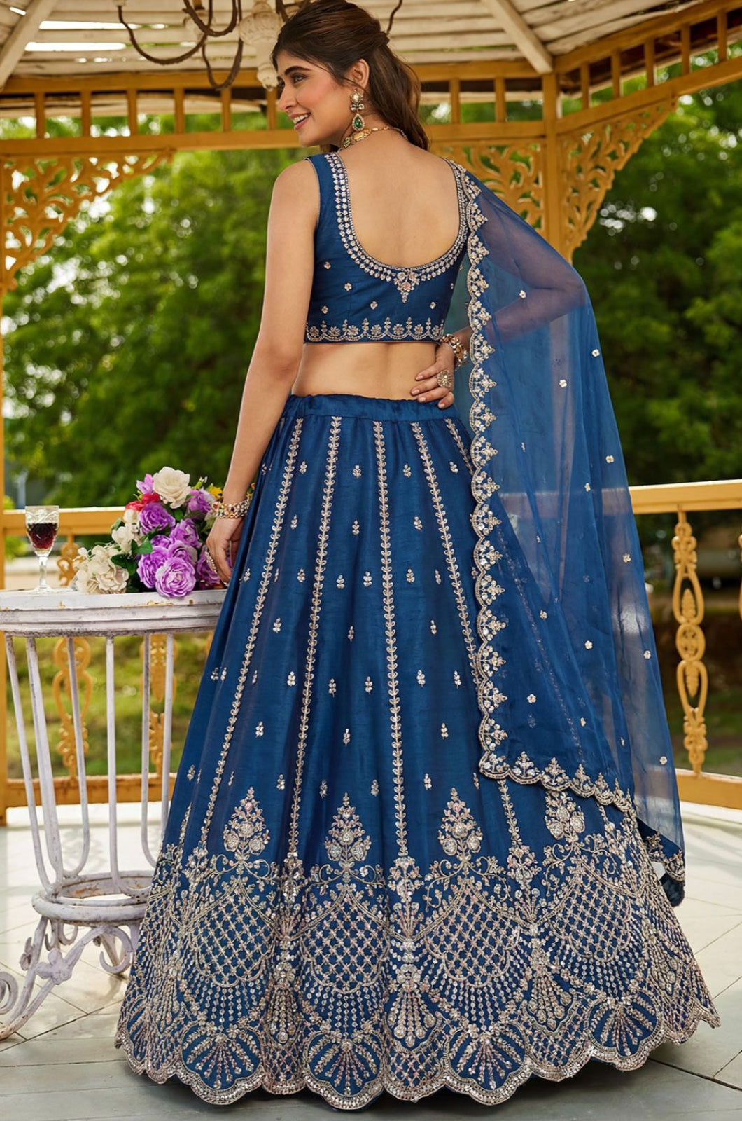 Blue Satin Lehenga Choli - SFANJ3271