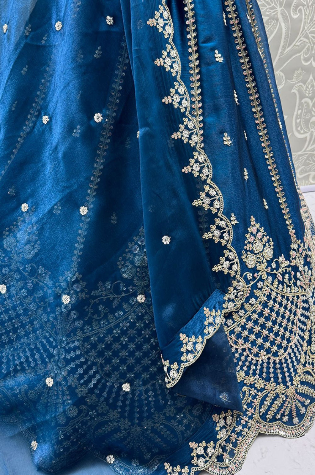 Blue Satin Lehenga Choli - SFANJ3271