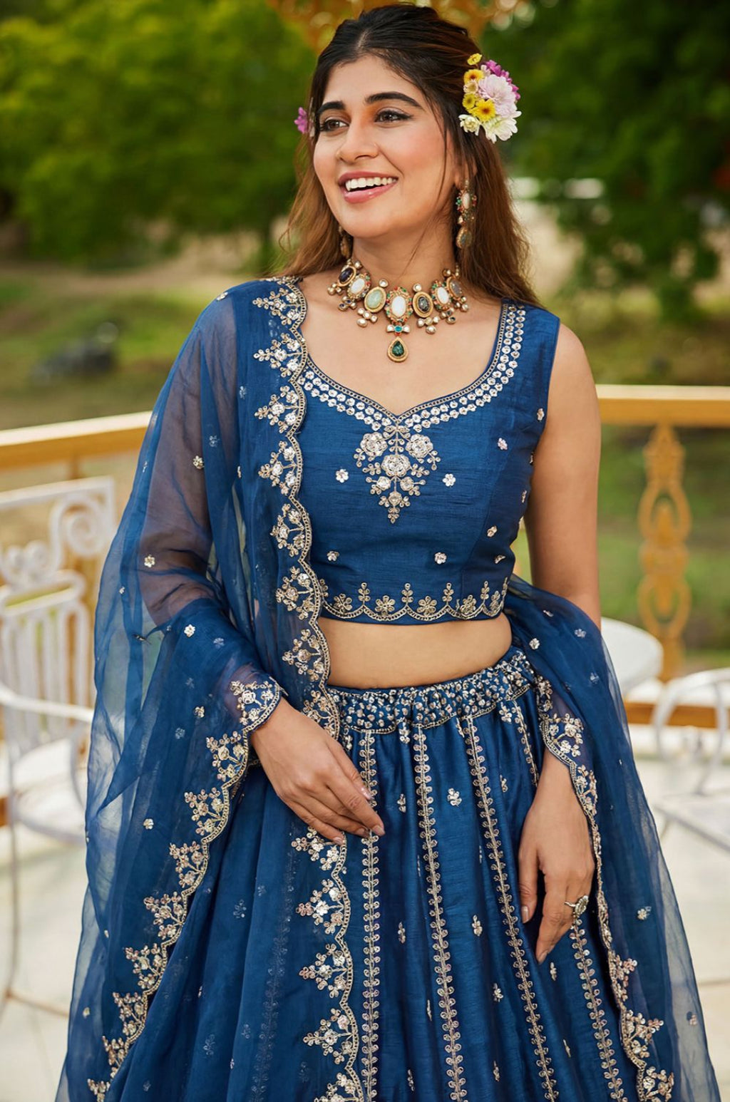 Blue Satin Lehenga Choli - SFANJ3271