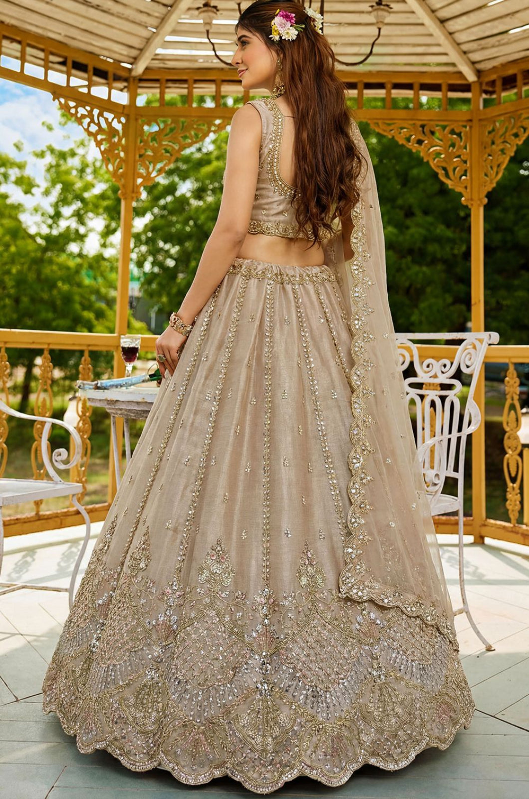 Beige Satin Lehenga Choli - SFANJ3273