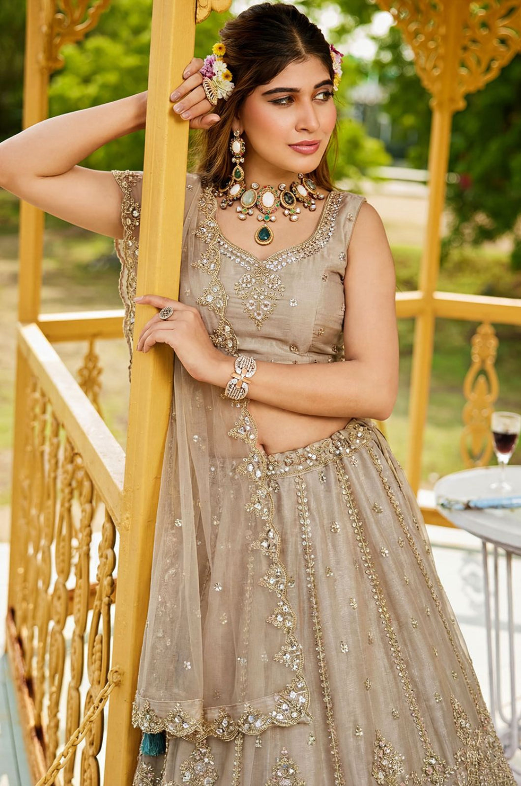 Beige Satin Lehenga Choli - SFANJ3273