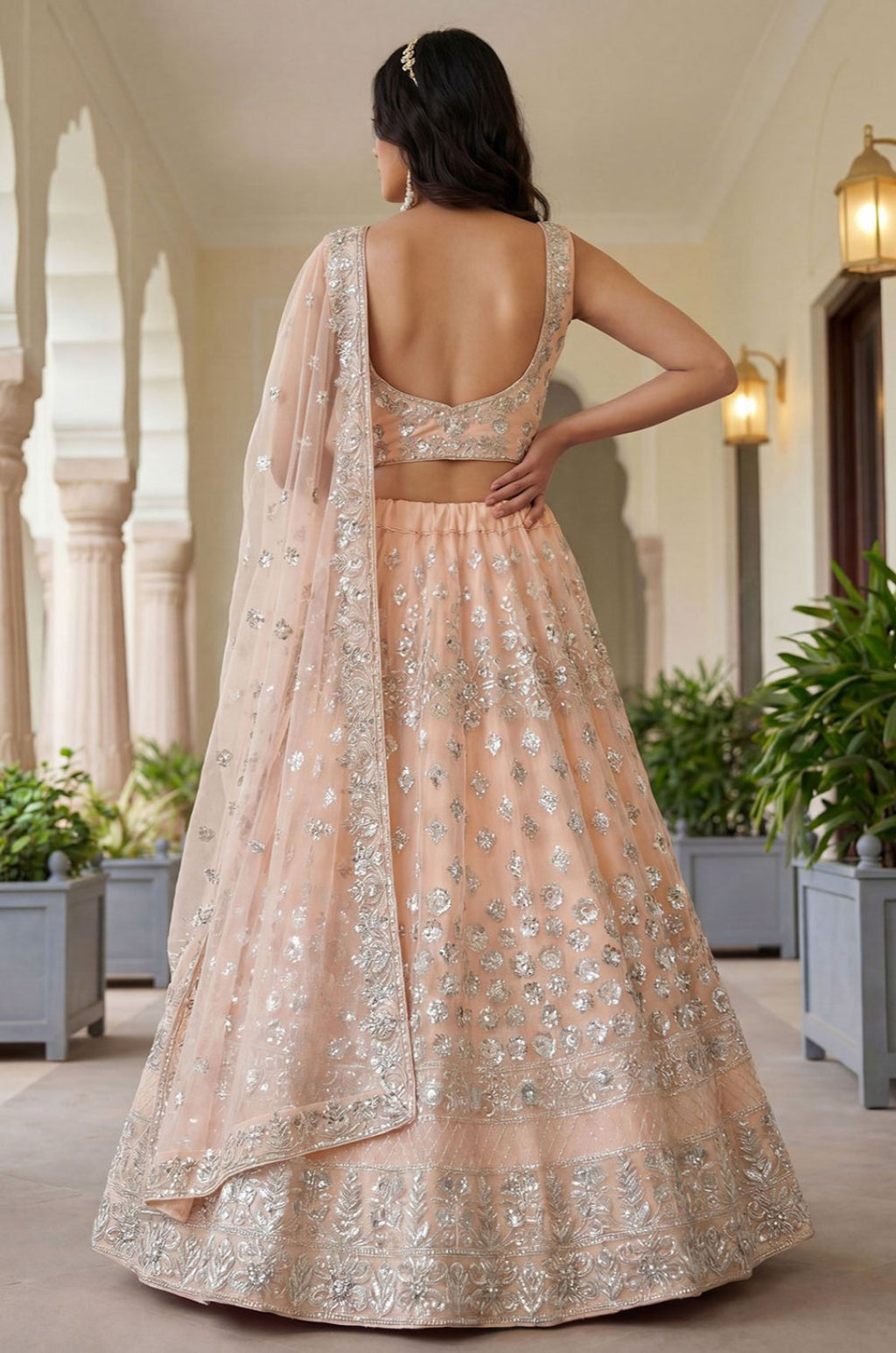 Peach Net Lehenga Choli - SFANJ3277