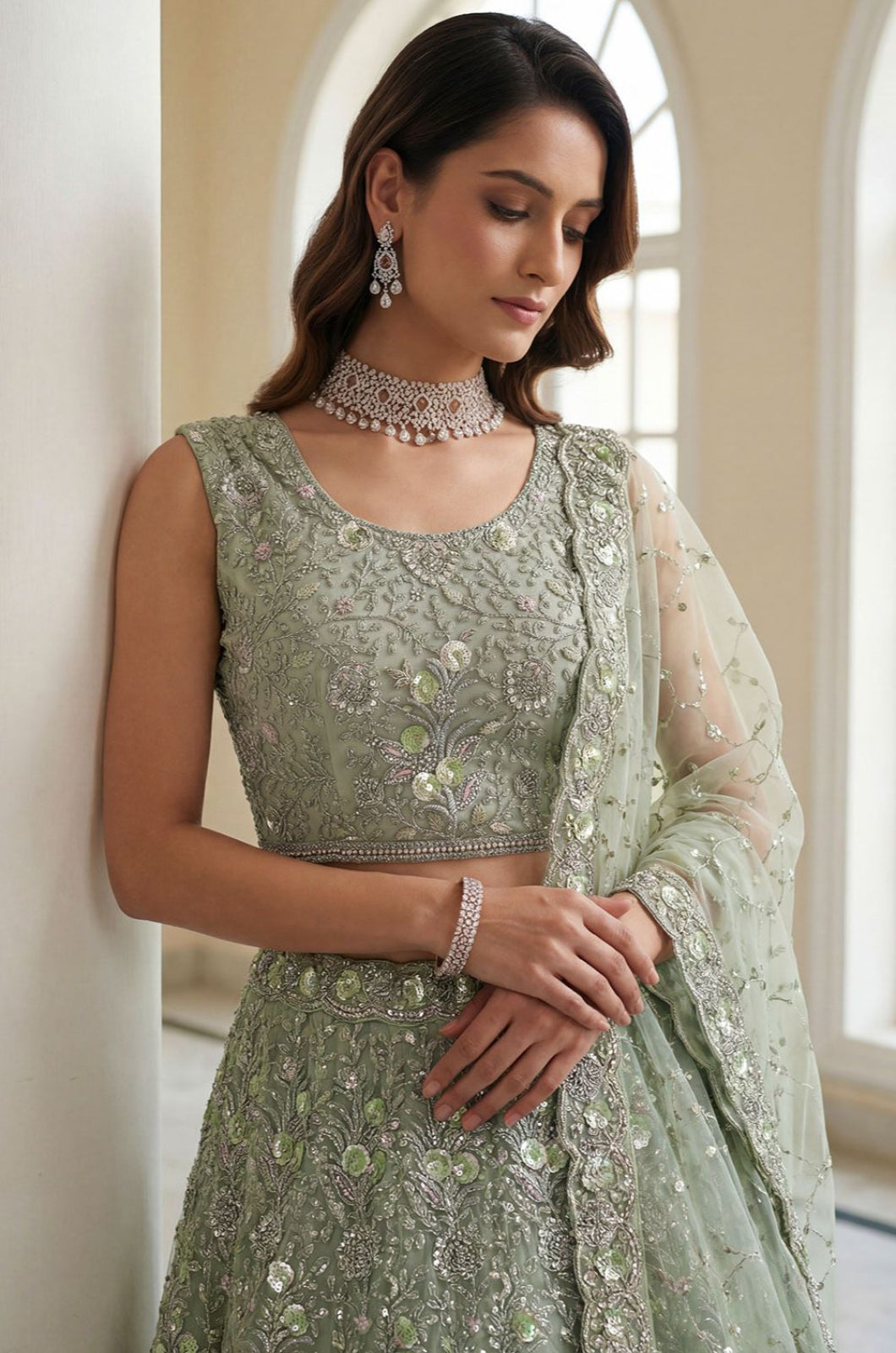 Green Net Lehenga Choli - SFANJ3291