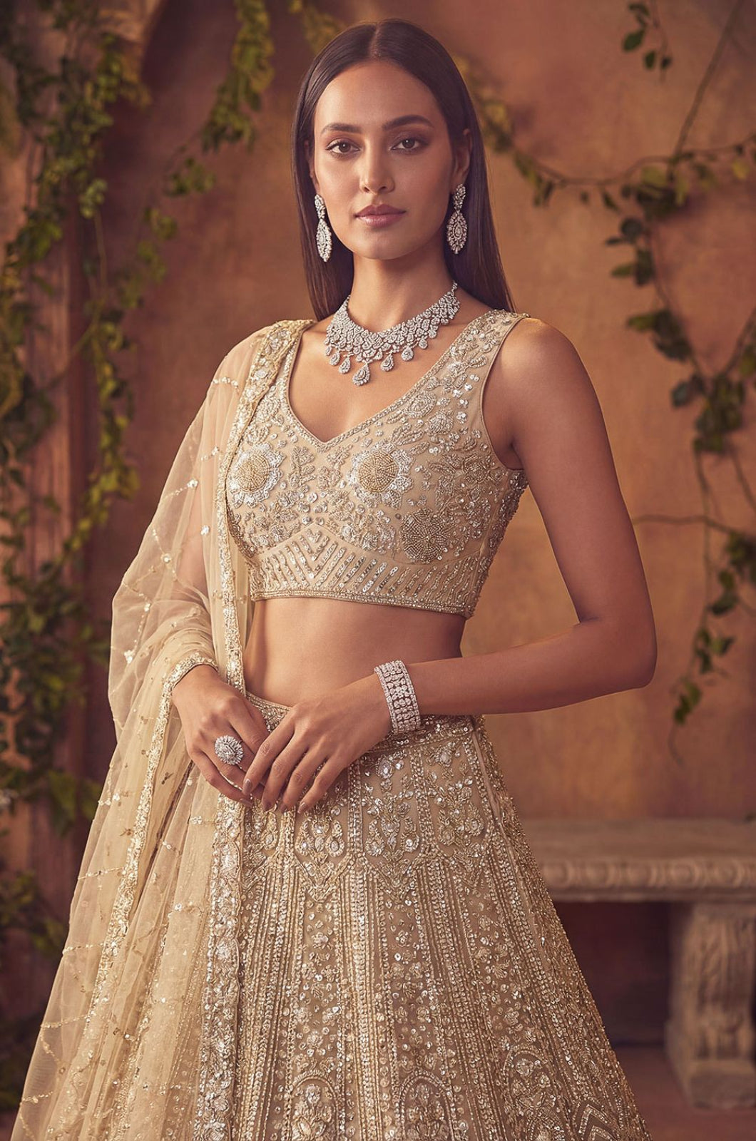 Beige Net Lehenga Choli - SFANJ3300