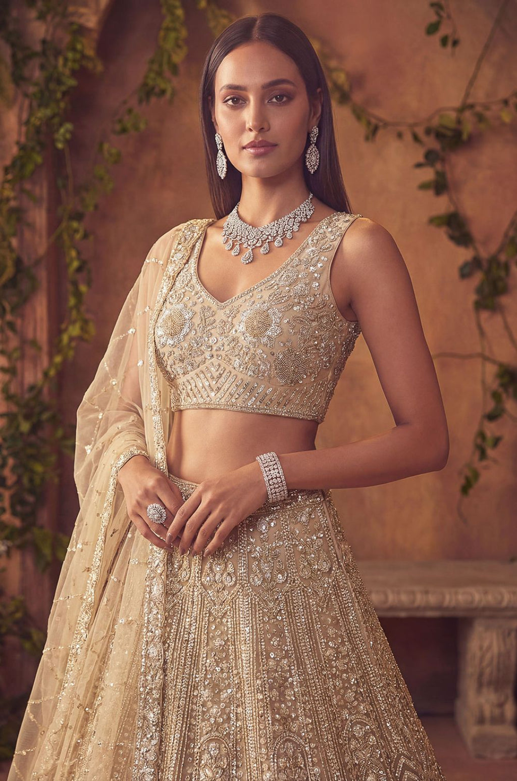 Beige Net Lehenga Choli - SFANJ3300