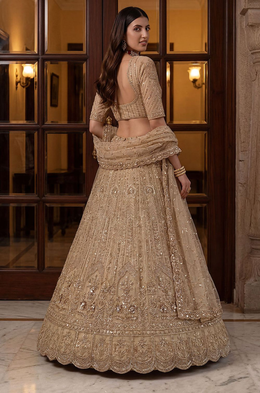 Beige Net Lehenga Choli - SFANJ3373