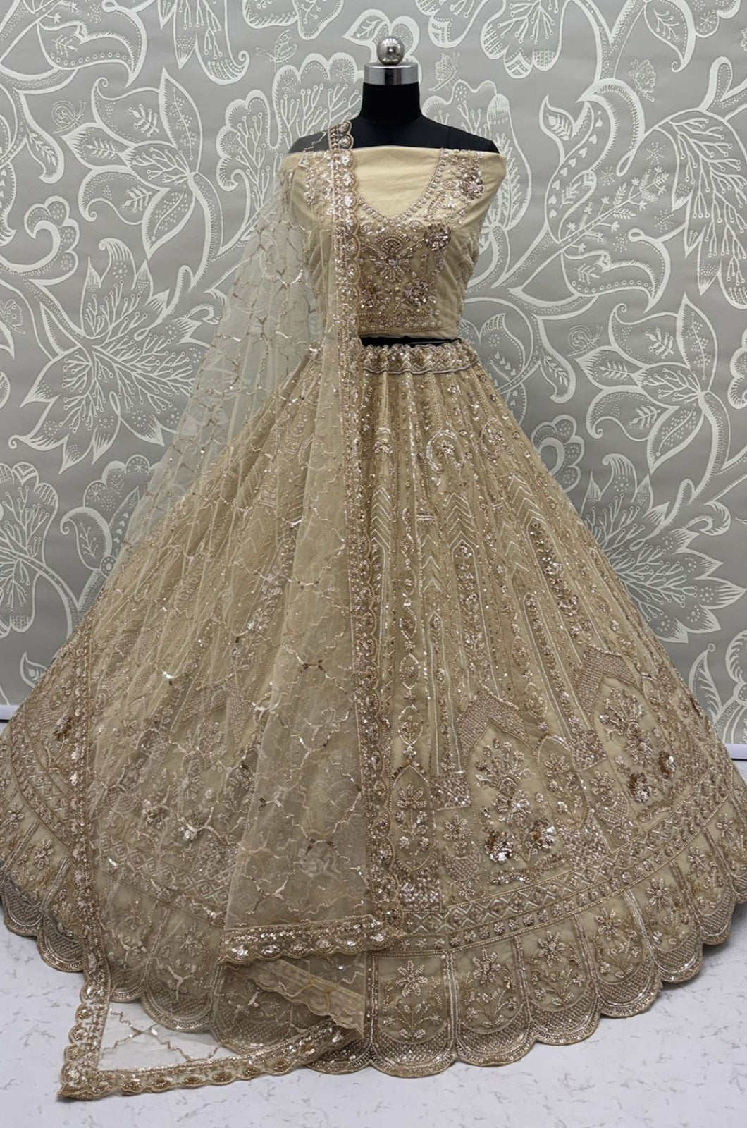 Beige Net Lehenga Choli - SFANJ3373