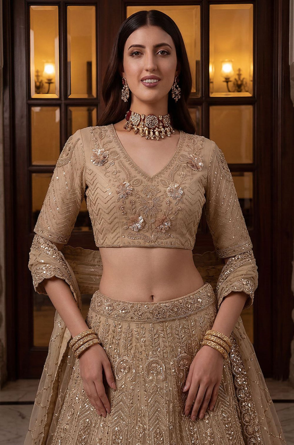 Beige Net Lehenga Choli - SFANJ3373