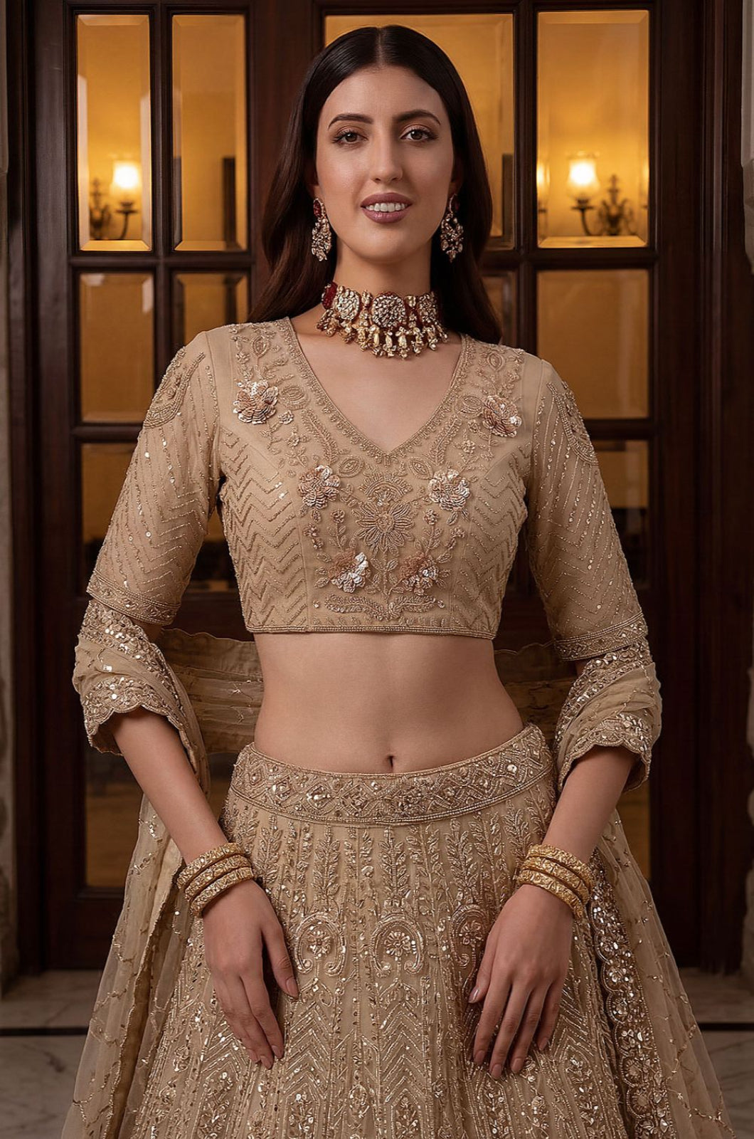 Beige Net Lehenga Choli - SFANJ3373