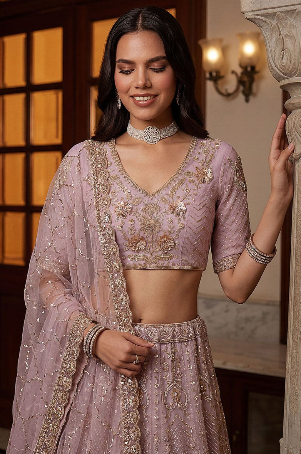 Pink Net Lehenga Choli - SFANJ3374