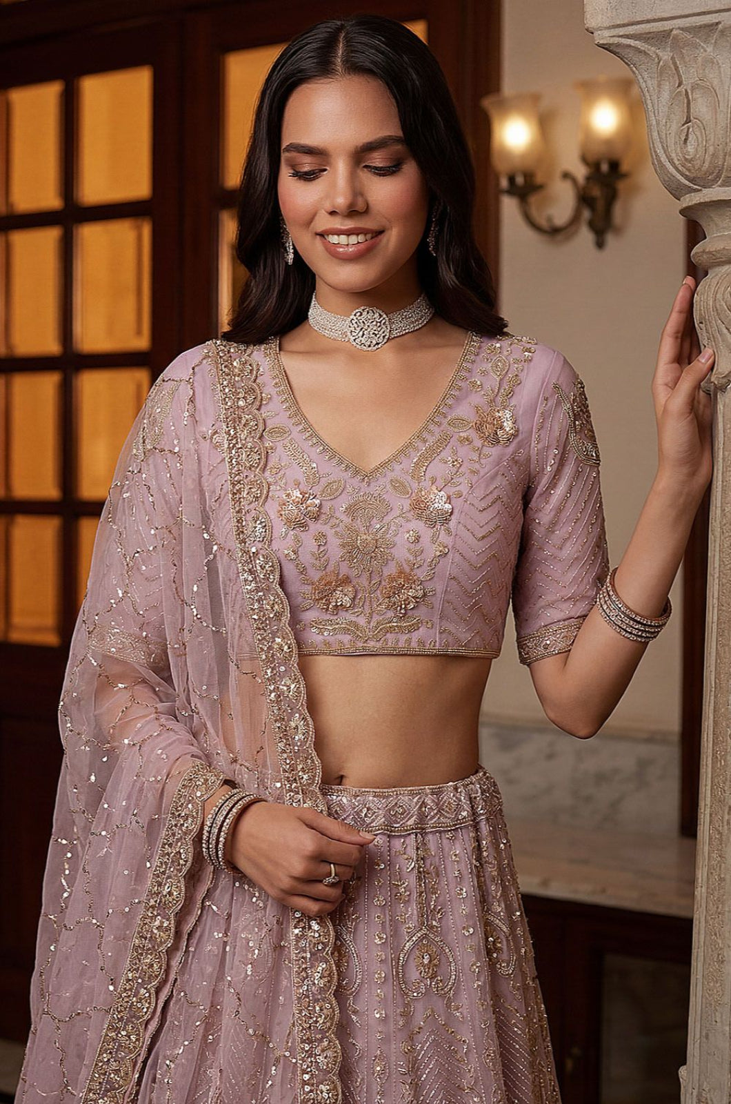 Pink Net Lehenga Choli - SFANJ3374