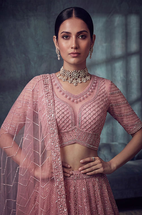 Pink Net Lehenga Choli - SFANJ3428