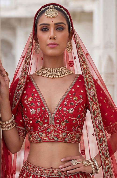 Red Silk Lehenga Choli - SFANJ3436