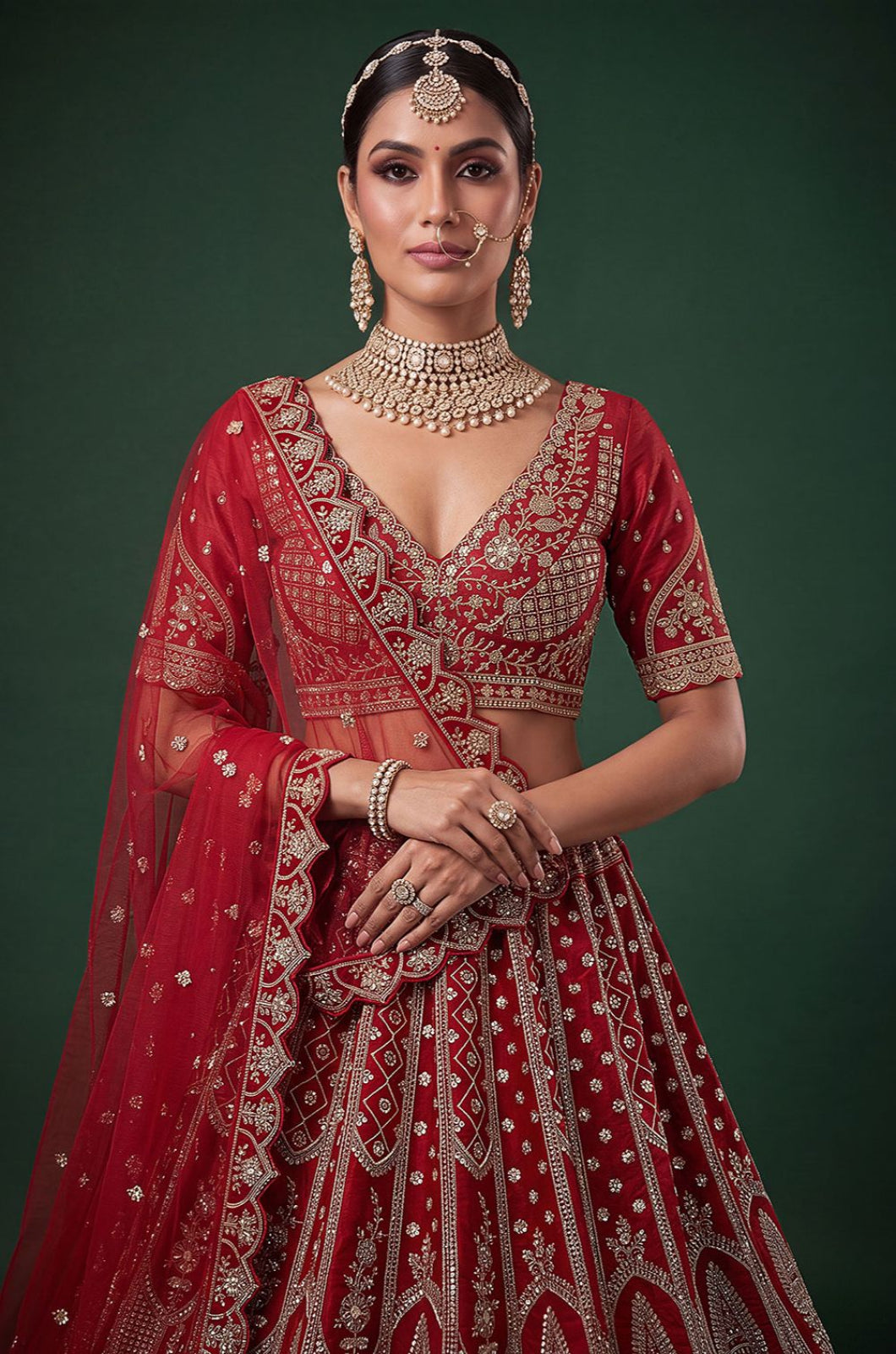 Red Silk Lehenga Choli - SFANJ3451