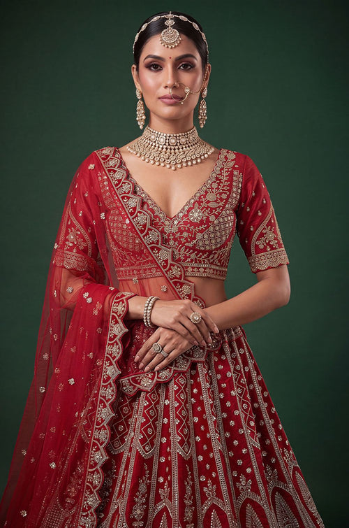 Red Silk Lehenga Choli - SFANJ3451