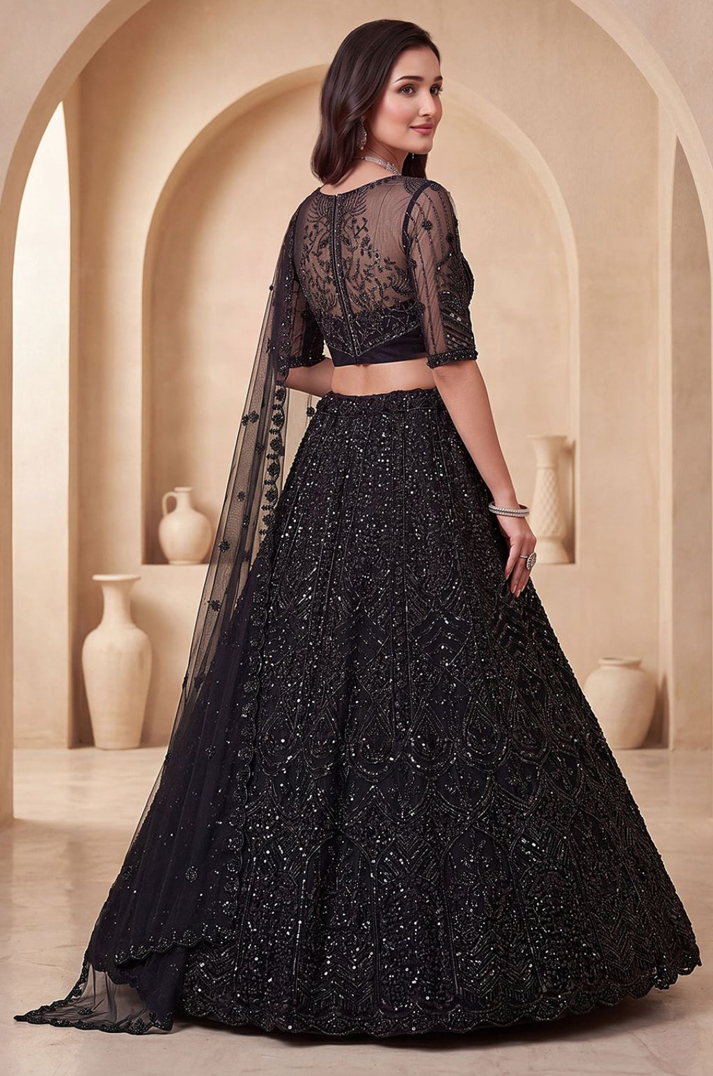 Black Net Lehenga Choli - SFANJ3458