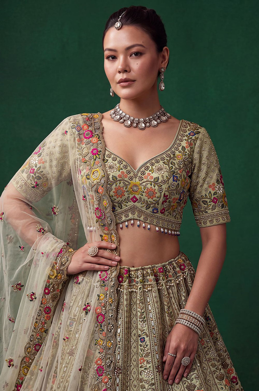 Green Silk Lehenga Choli - SFANJ3448R