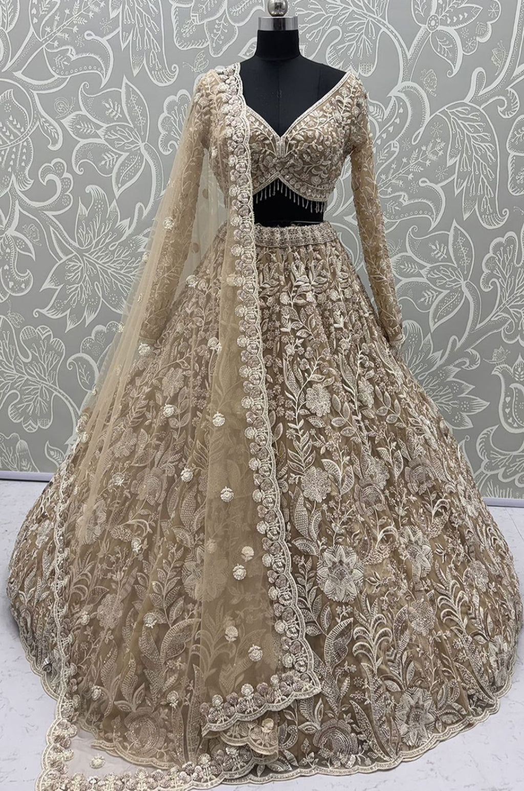 Beige Net Lehenga Choli - SFANJ3462R