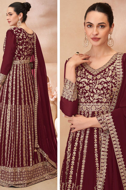 Maroon Wedding Sangeet Anarkali Lehenga Suit In Georgette SFSMT40803