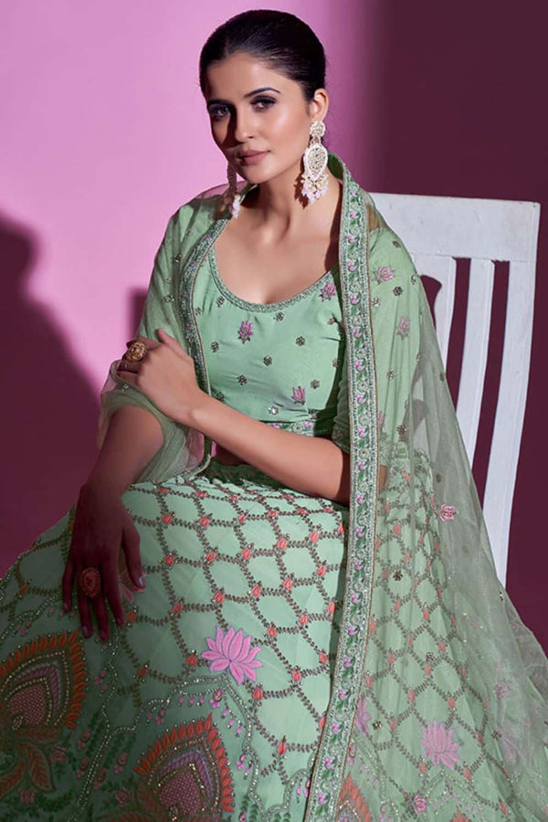 Green Georgette Bridal Lehenga Choli Sequins Stone Work SFARY16408